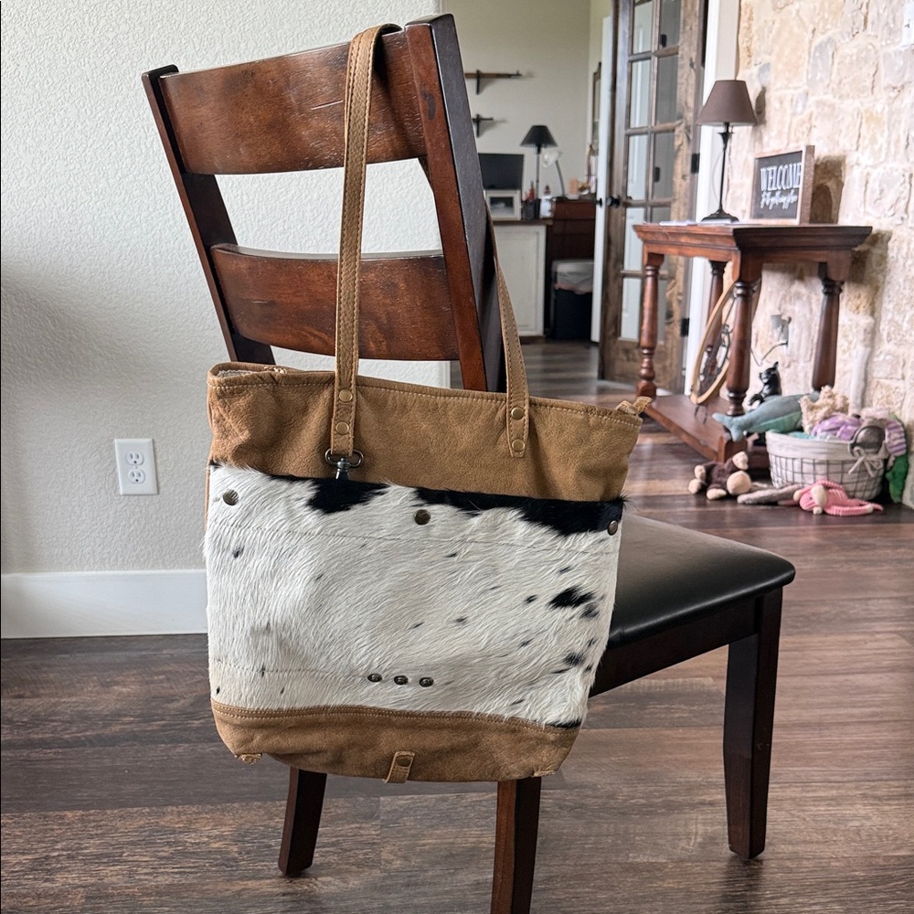 Myra Brown and White Cowhide Tote Bag